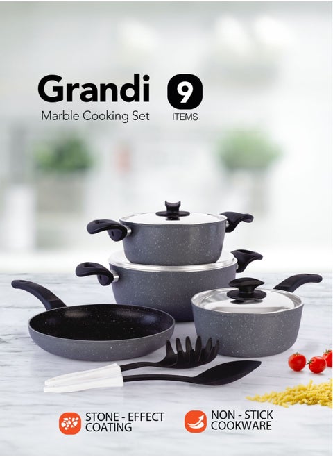 9 Piece Non-Stick Cookware Set Aluminum Pots And Pans Non-Stick Surface Bakelite Handle Stainless Steel Lids PFOA Free Grey  24+20+24+18 cm