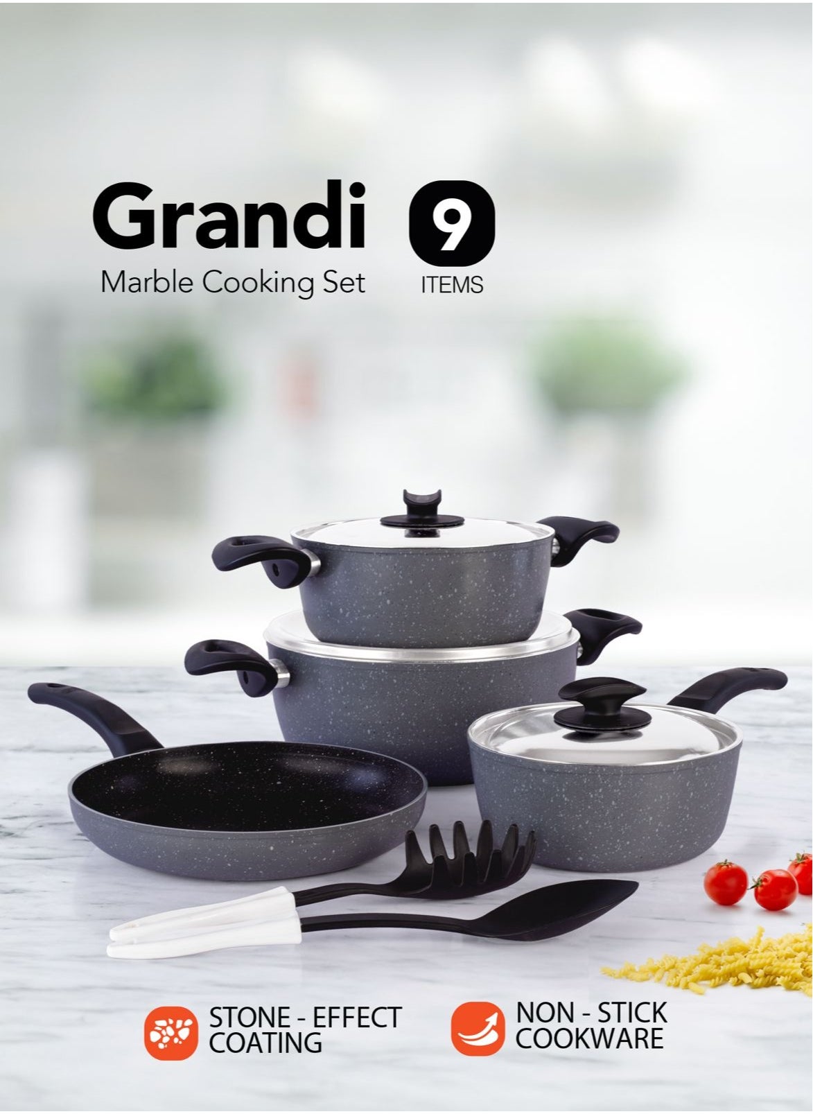 9 Piece Non-Stick Cookware Set Aluminum Pots And Pans Non-Stick Surface Bakelite Handle Stainless Steel Lids PFOA Free Grey Granite 20-24+24+18 cm 