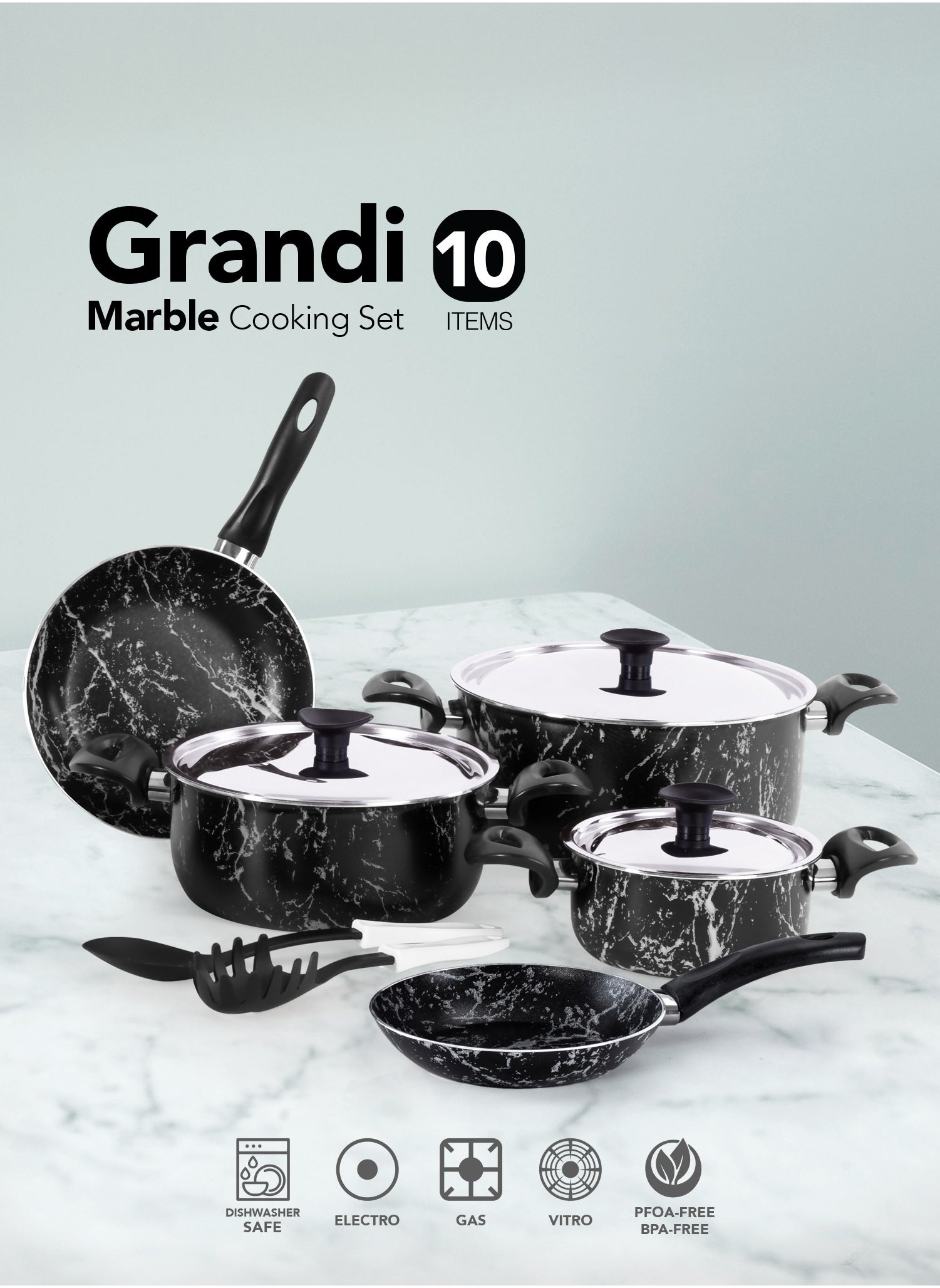 Grandi 10 Piece Non-Stick Cookware Set Aluminum Pots And Pans Non-Stick Surface Bakelite Handle Stainless Steel Lids PFOA Free black marble 24-18+16+20+18 cm 