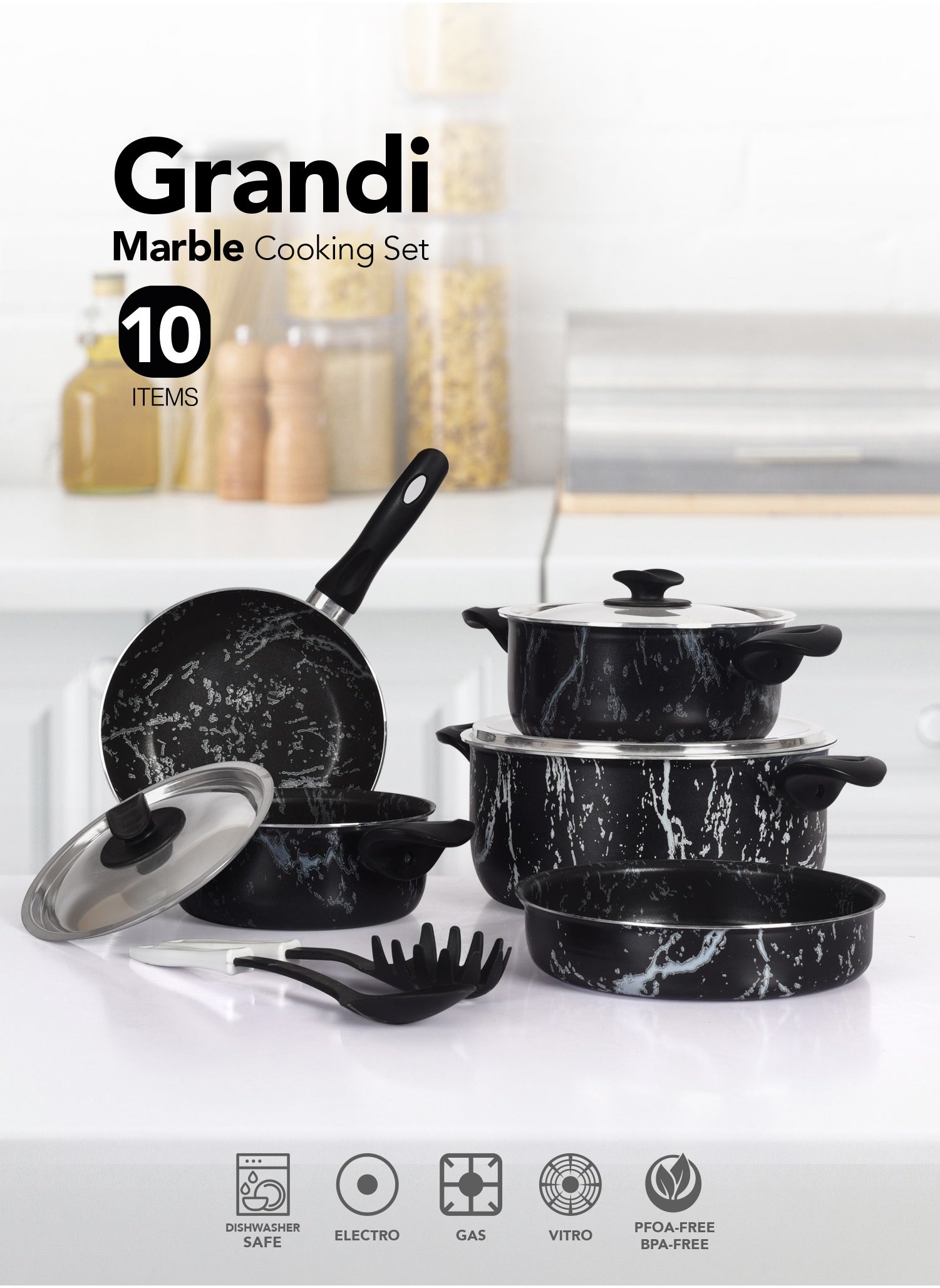 Grandi 10 Piece Non-Stick Cookware Set Aluminum Pots And Pans Non-Stick Surface Bakelite Handle Stainless Steel Lids PFOA Free black marble 26-20+16+22+20 cm 