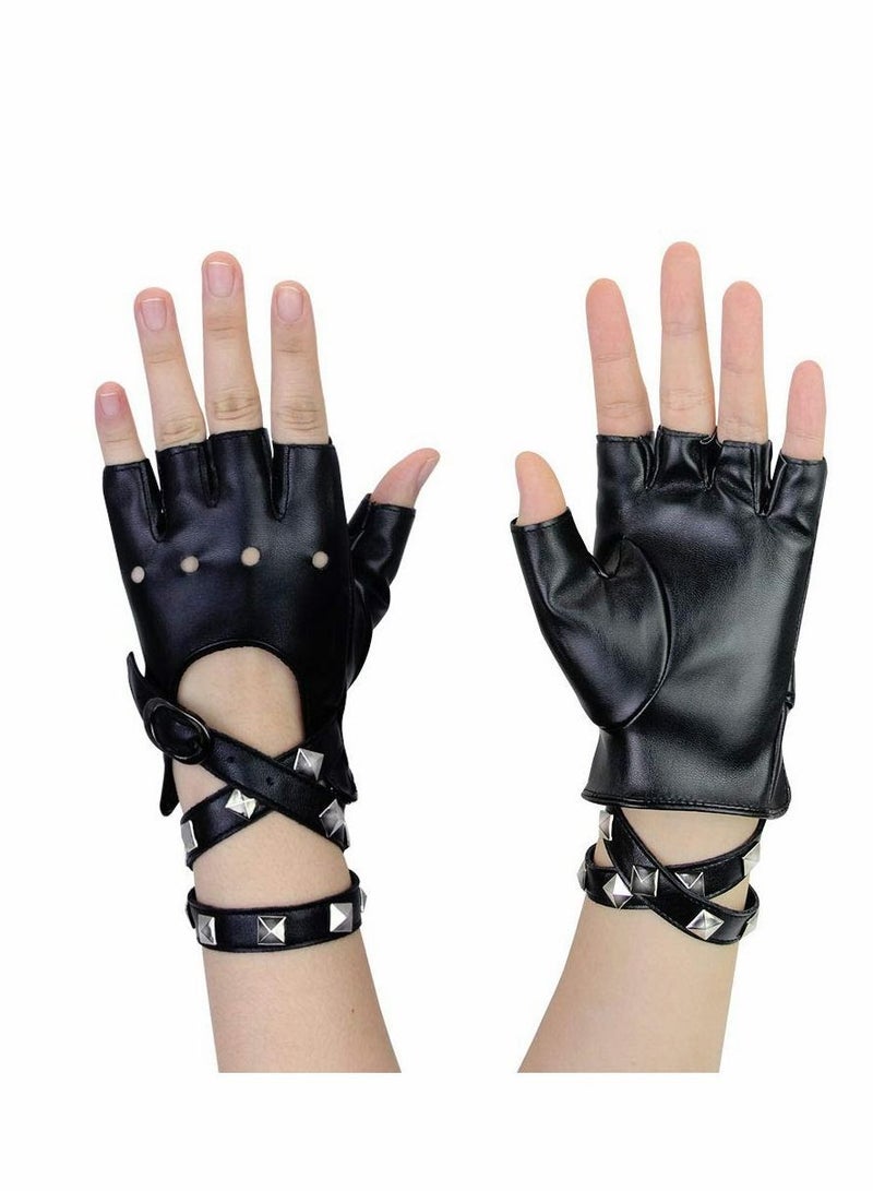 Y&D PU Gloves Fingerless Punk Leather Gloves with Rivets Half Finger for Hip Hop Performances Parties Live House (Black)  - Image 4