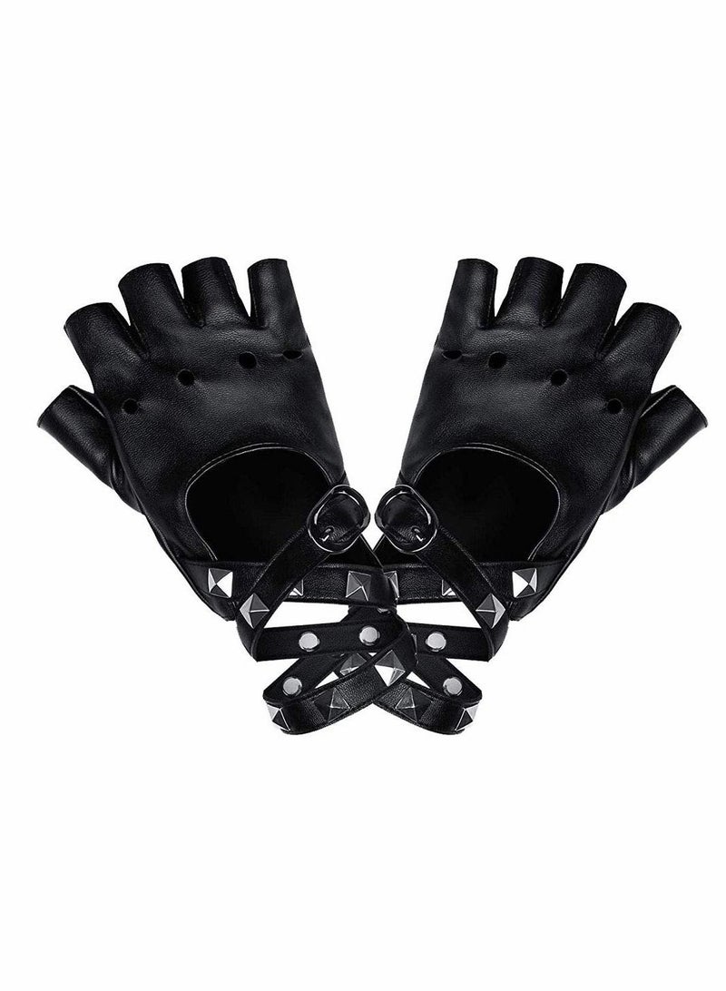 Y&D PU Gloves Fingerless Punk Leather Gloves with Rivets Half Finger for Hip Hop Performances Parties Live House (Black)  - Image 1
