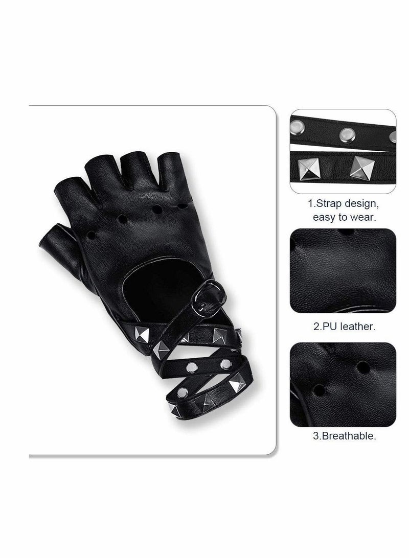 Y&D PU Gloves Fingerless Punk Leather Gloves with Rivets Half Finger for Hip Hop Performances Parties Live House (Black)  - Image 3