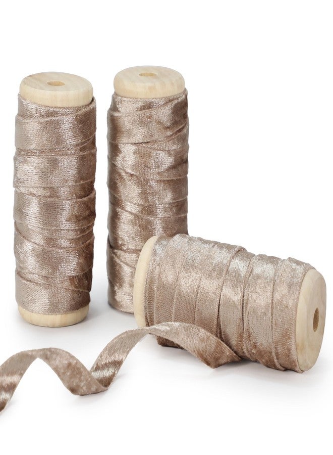 Keypan Velvet Champagne Ribbon Double-Sided Handmade Glossy Fabric Trim Wooden Spool Thin Ribbons for Christmas Tree Gift Wrapping Crafts Wedding Flower Bouquet 3/8 inch x 5YD 3 Rolls - Image 1