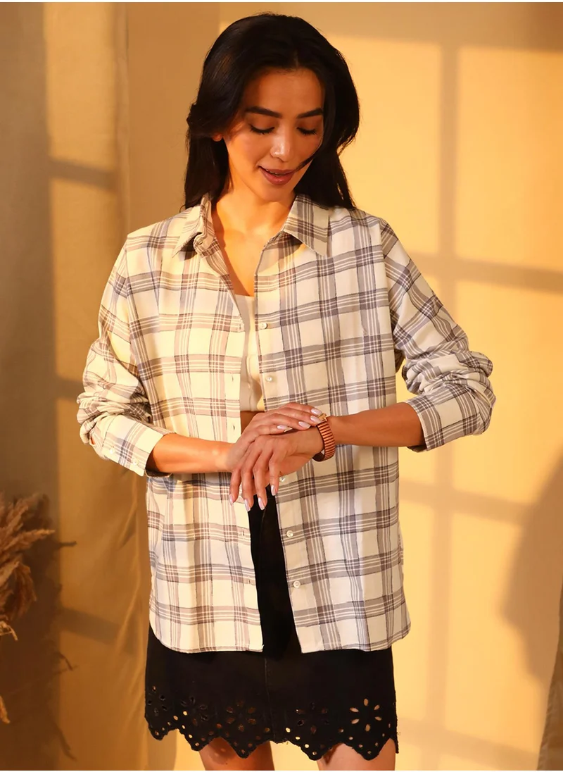 PINACOLADA Women's Ash Grey Tartan Plaid Boxy Shirt