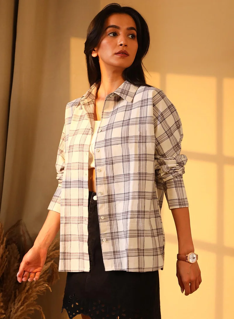PINACOLADA Women's Ash Grey Tartan Plaid Boxy Shirt