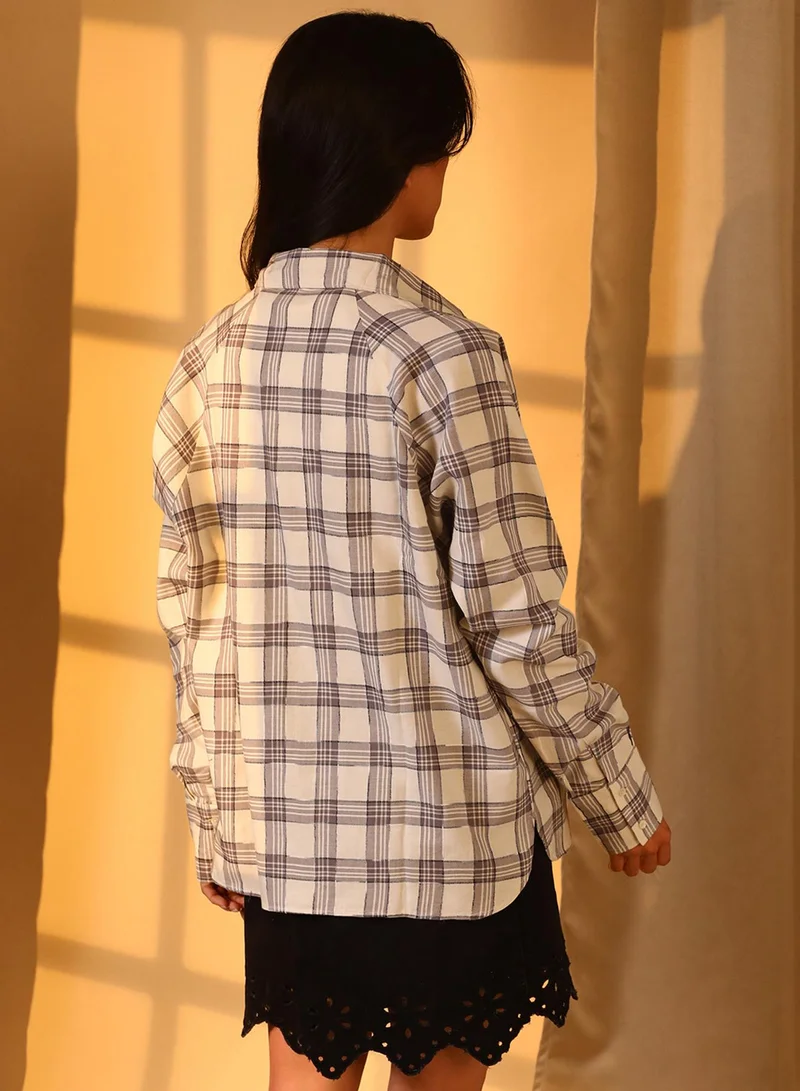 PINACOLADA Women's Ash Grey Tartan Plaid Boxy Shirt