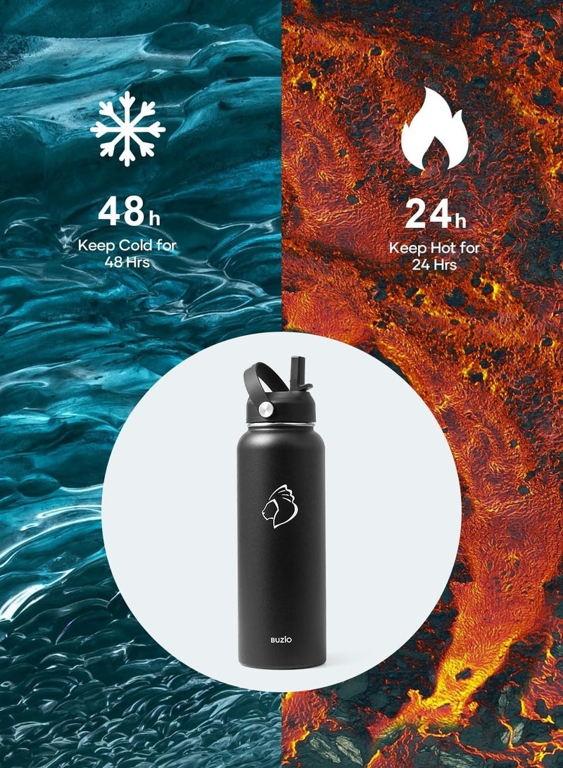 Stainless Steel Water Bottle 40 oz (Cold for 48 Hrs, Hot for 24 Hrs), 1000ml Insulated Water Tumbler Thermo with Straw Lid and Flex Cap (Wide Mouth, Leak Proof, BPA Free), Black - Image 2
