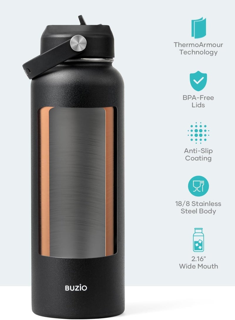 Stainless Steel Water Bottle 40 oz (Cold for 48 Hrs, Hot for 24 Hrs), 1000ml Insulated Water Tumbler Thermo with Straw Lid and Flex Cap (Wide Mouth, Leak Proof, BPA Free), Black - Image 4