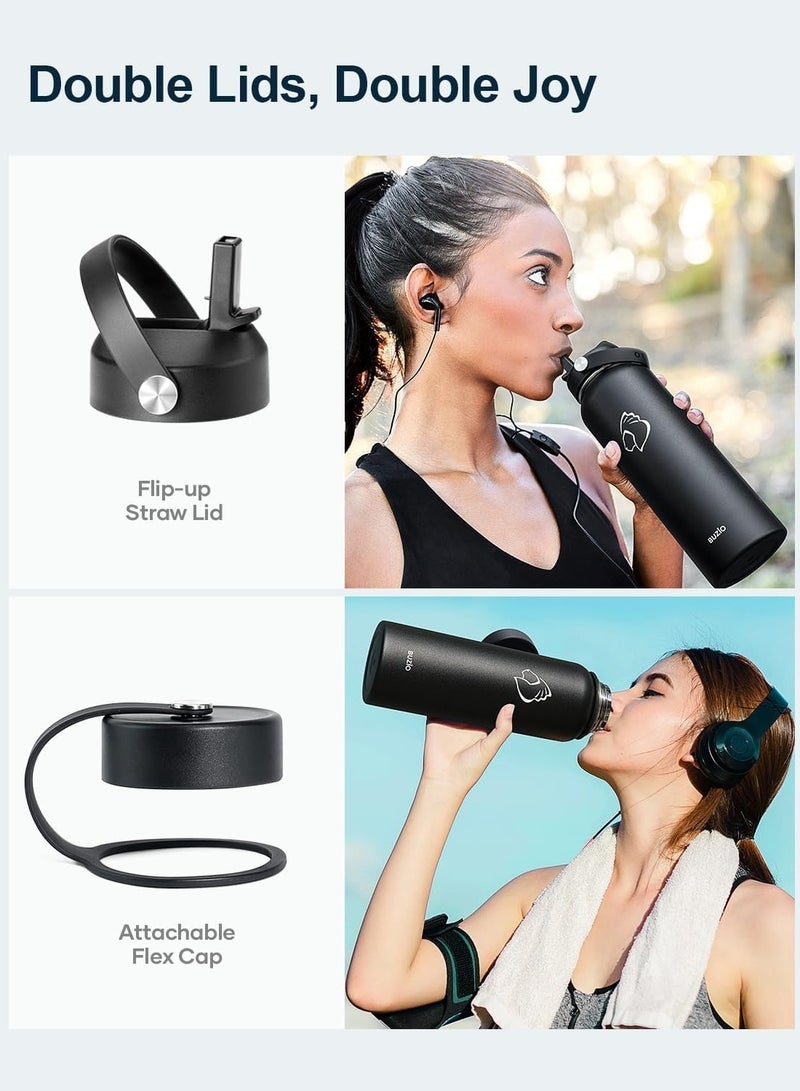 Stainless Steel Water Bottle 40 oz (Cold for 48 Hrs, Hot for 24 Hrs), 1000ml Insulated Water Tumbler Thermo with Straw Lid and Flex Cap (Wide Mouth, Leak Proof, BPA Free), Black - Image 3