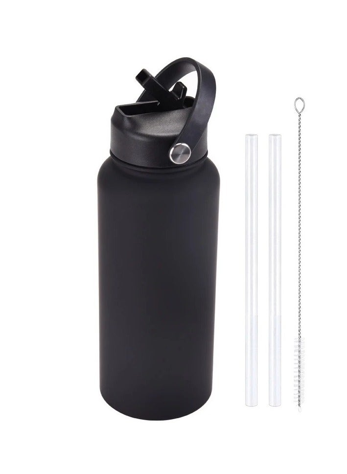 Stainless Steel Water Bottle 40 oz (Cold for 48 Hrs, Hot for 24 Hrs), 1000ml Insulated Water Tumbler Thermo with Straw Lid and Flex Cap (Wide Mouth, Leak Proof, BPA Free), Black - Image 1