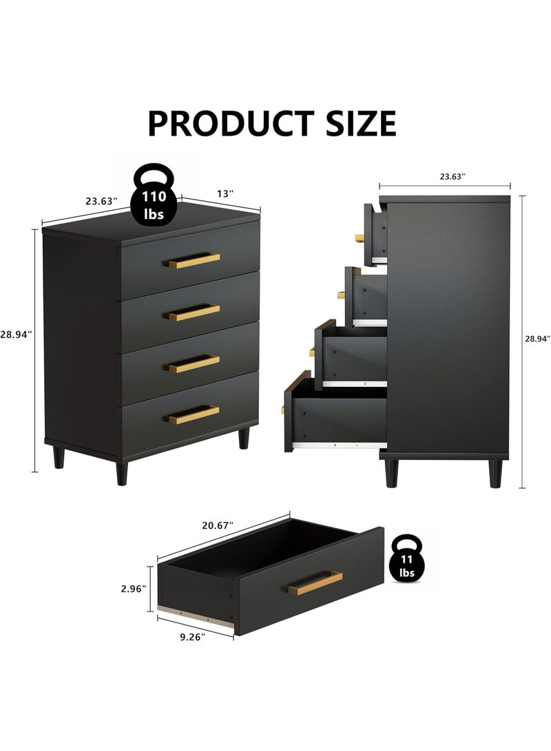 دولاب ملابس خشبية مكونة من 4 ادراج من ايه دبليو كيو ام، مناسبة لتخزين ملفات عصرية واسعة لغرفة النوم وللمكتب ولغرفة المعيشة (اسود) - Image 2