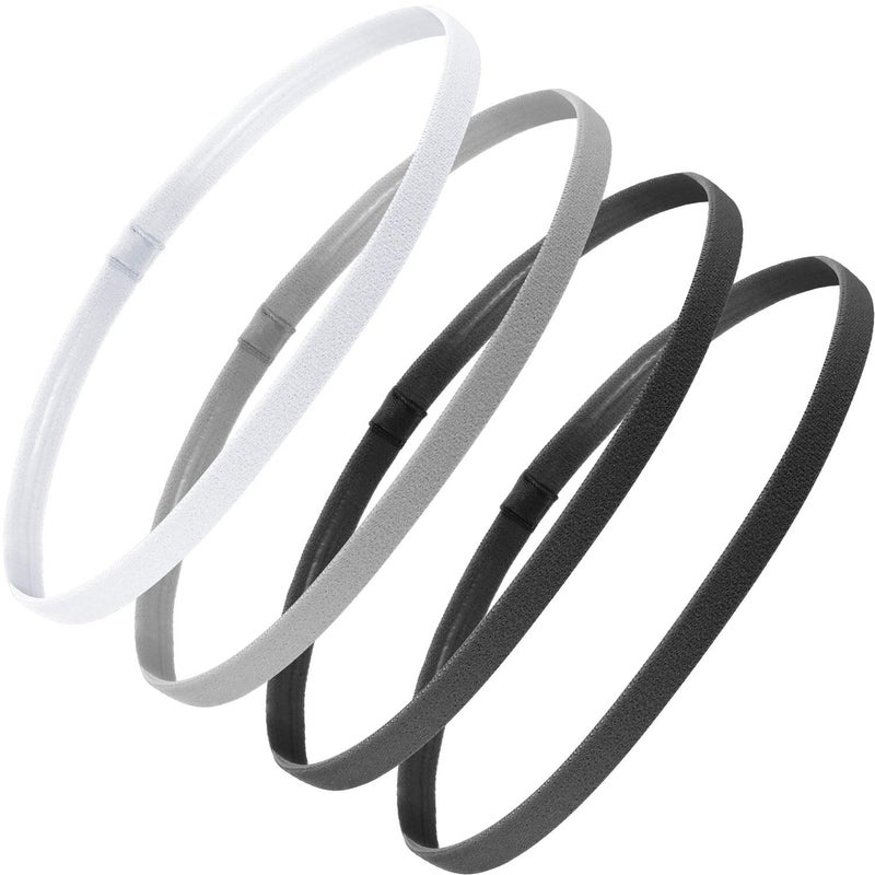 Bememo Bememo 4 Pieces Thick NonSlip Elastic Sport Headbands Hair Headbands for Women and Men Black Gray White