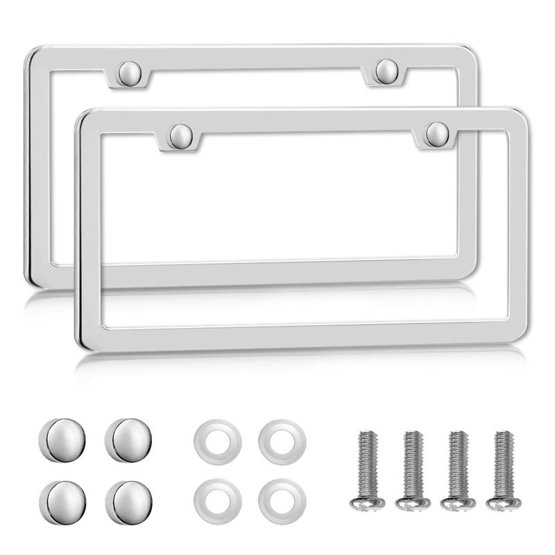 lengnoyp Solid Silver License Plate Frames 2 Pack, 2 Holes Rust-Proof License Plate Holder, Universal Car Stainless Steel License Plate Frame for Women & Man (Screws & Chrome Caps) by Lengnoyp - Image 1