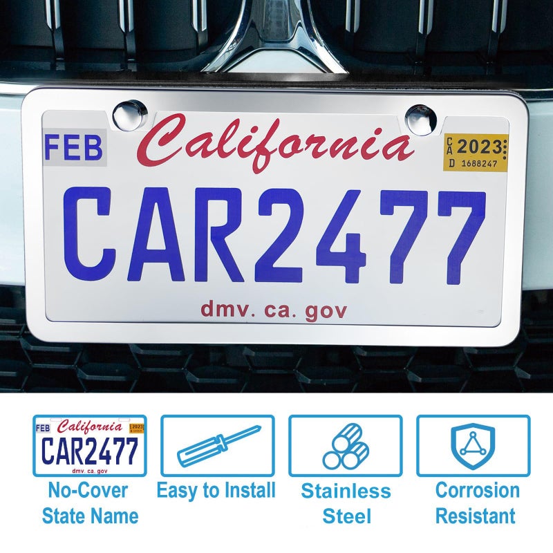 lengnoyp Solid Silver License Plate Frames 2 Pack, 2 Holes Rust-Proof License Plate Holder, Universal Car Stainless Steel License Plate Frame for Women & Man (Screws & Chrome Caps) by Lengnoyp - Image 2