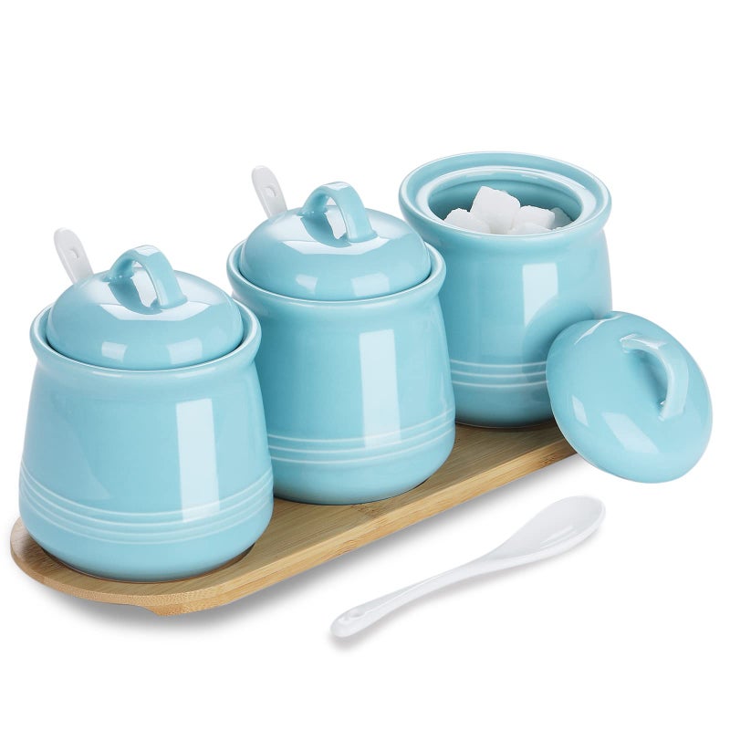 HAOTOP Porcelain Condiment Jar 3 Pack Set with Tray  12 Ounces Turquoise - Image 1