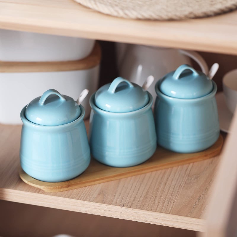 HAOTOP Porcelain Condiment Jar 3 Pack Set with Tray  12 Ounces Turquoise - Image 4