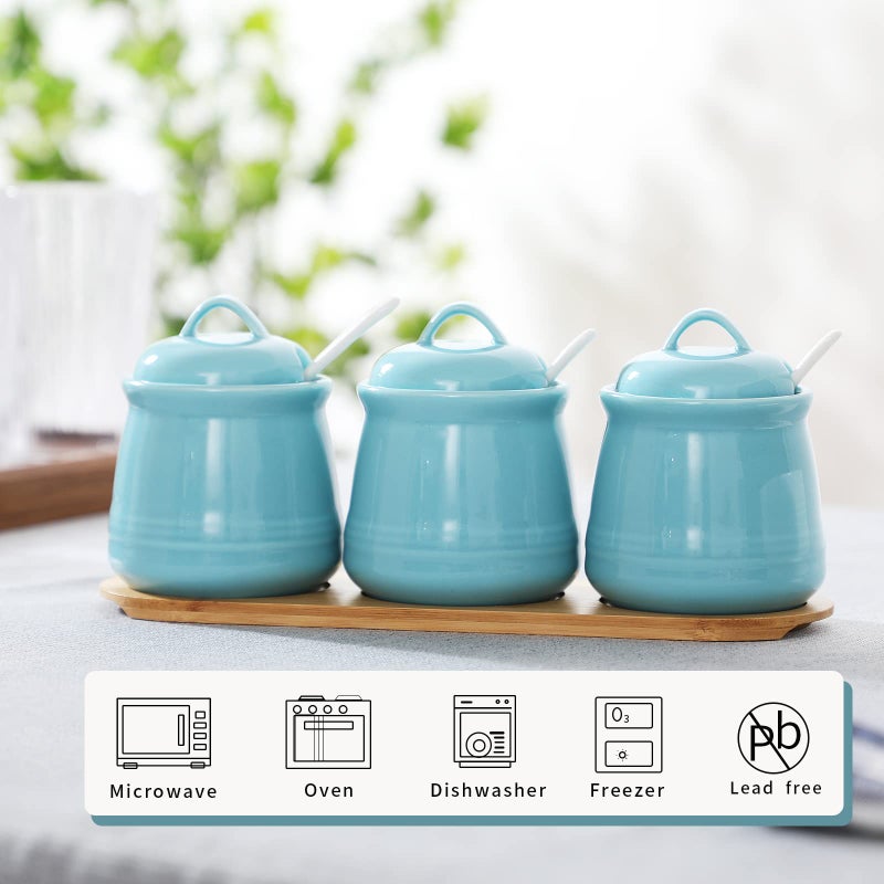 HAOTOP Porcelain Condiment Jar 3 Pack Set with Tray  12 Ounces Turquoise - Image 2