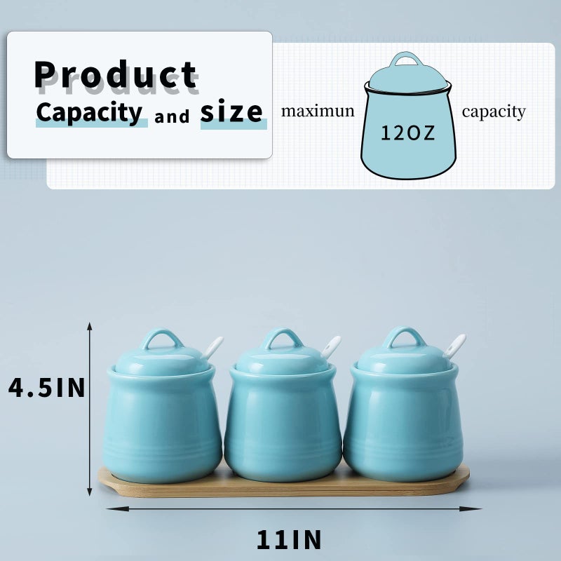 HAOTOP Porcelain Condiment Jar 3 Pack Set with Tray  12 Ounces Turquoise - Image 3