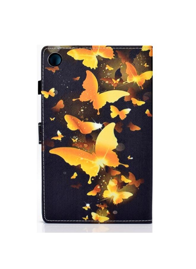 Samsung Galaxy Tab A9 Colored Drawing Stitching Horizontal Flip Tablet Leather Case Golden Butterfly
