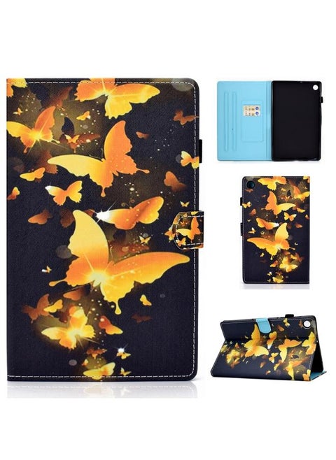 Samsung Galaxy Tab A9 Colored Drawing Stitching Horizontal Flip Tablet Leather Case Golden Butterfly
