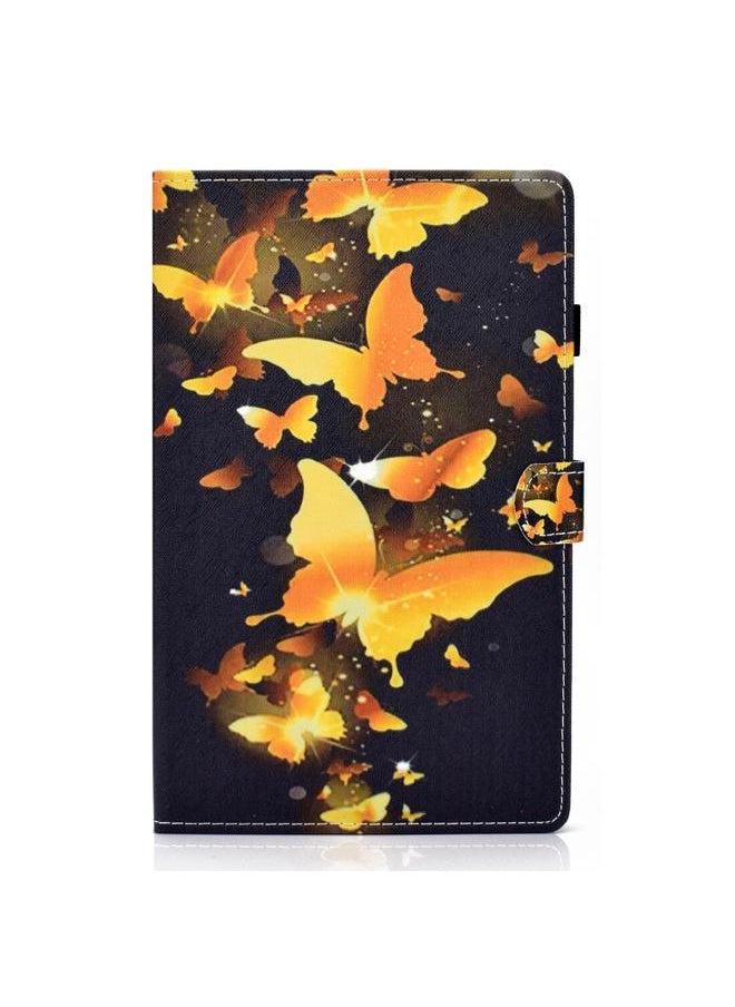 Samsung Galaxy Tab A9 Colored Drawing Stitching Horizontal Flip Tablet Leather Case Golden Butterfly