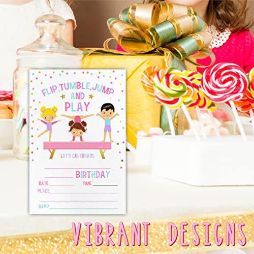 JCVUK Gymnastics Birthday Party Invitation，Flip, Tumble, Jump Party Invitations For Kids, Teen, Boys & Girls，20 Double-Sided Fill In Style Invites With Envelopes-Party Favors Decoration And Supplies-YQK-C02 - Image 4