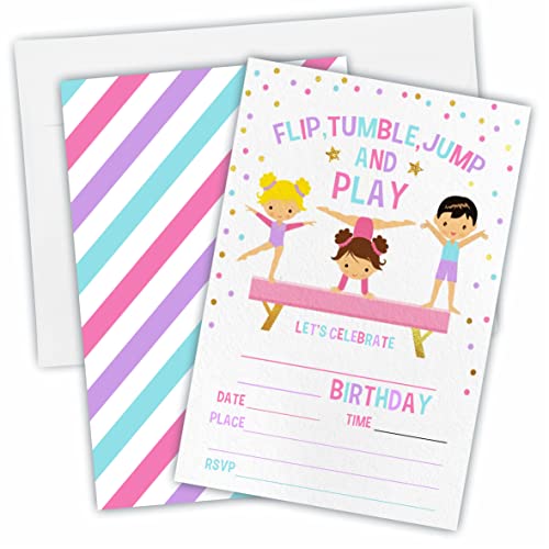 JCVUK Gymnastics Birthday Party Invitation，Flip, Tumble, Jump Party Invitations For Kids, Teen, Boys & Girls，20 Double-Sided Fill In Style Invites With Envelopes-Party Favors Decoration And Supplies-YQK-C02 - Image 1