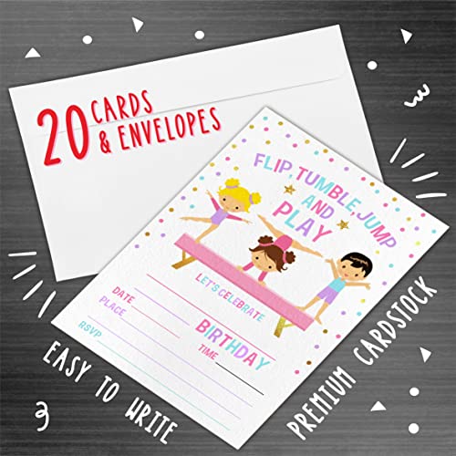 JCVUK Gymnastics Birthday Party Invitation，Flip, Tumble, Jump Party Invitations For Kids, Teen, Boys & Girls，20 Double-Sided Fill In Style Invites With Envelopes-Party Favors Decoration And Supplies-YQK-C02 - Image 2