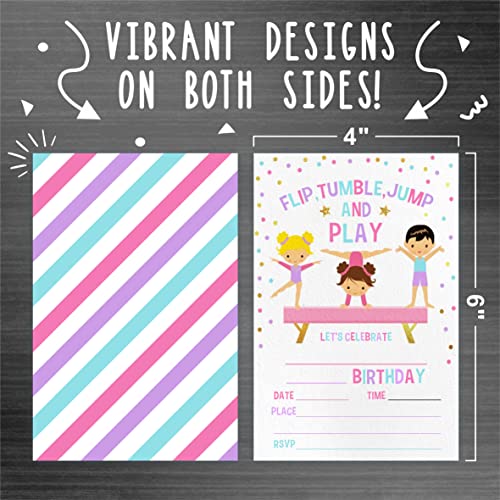 JCVUK Gymnastics Birthday Party Invitation，Flip, Tumble, Jump Party Invitations For Kids, Teen, Boys & Girls，20 Double-Sided Fill In Style Invites With Envelopes-Party Favors Decoration And Supplies-YQK-C02 - Image 3