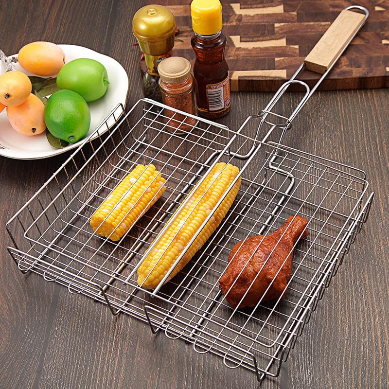 Jolfay BBQ Barbecue Square Wire Grill Net Frying Pan Basket With Wooden Handle for Vegetables, Camping Outdoor Fish & Meat Grilling Cooking Tool - Image 1