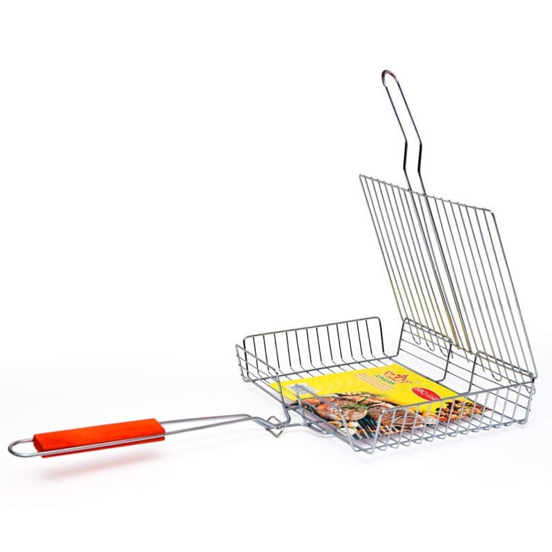 Jolfay BBQ Barbecue Square Wire Grill Net Frying Pan Basket With Wooden Handle for Vegetables, Camping Outdoor Fish & Meat Grilling Cooking Tool - Image 4