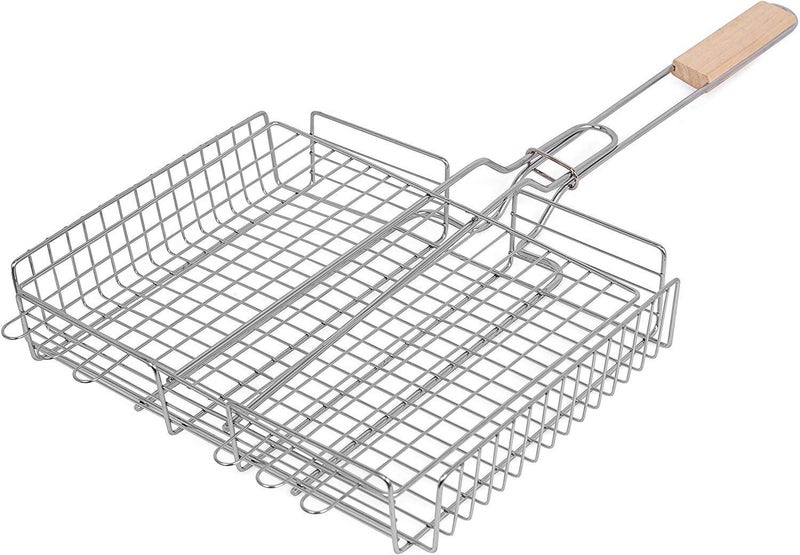 Jolfay BBQ Barbecue Square Wire Grill Net Frying Pan Basket With Wooden Handle for Vegetables, Camping Outdoor Fish & Meat Grilling Cooking Tool - Image 3