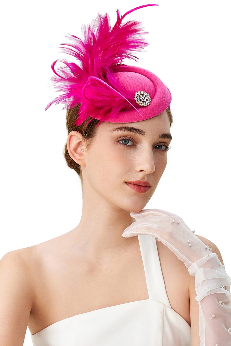 BABEYOND Fascinator Hat for Women Tea Party Kentucky Derby Fascinator Hat Pillbox Hat Peacock Feather Fascinator Rose Red - Image 1