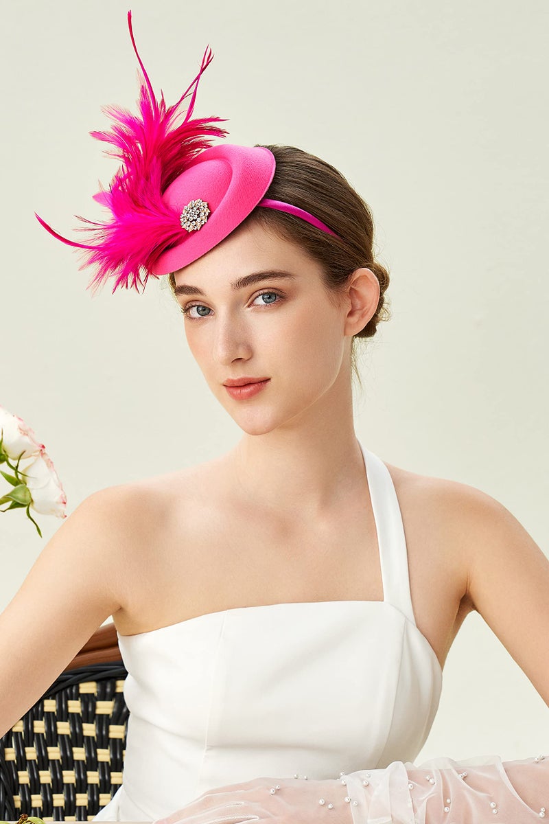 BABEYOND Fascinator Hat for Women Tea Party Kentucky Derby Fascinator Hat Pillbox Hat Peacock Feather Fascinator Rose Red - Image 5