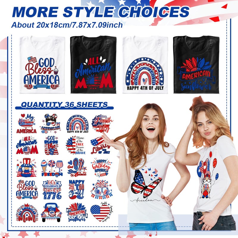 Tellingyou 36 Sheets 4th of July Iron on Transfers Patches Dtf Ready to Press 250th Anniversary Vinyl Iron on Patch Patriotic Embroidered Applique for T Shirt Jacket Pillow Covers DIY Decorations - Image 3