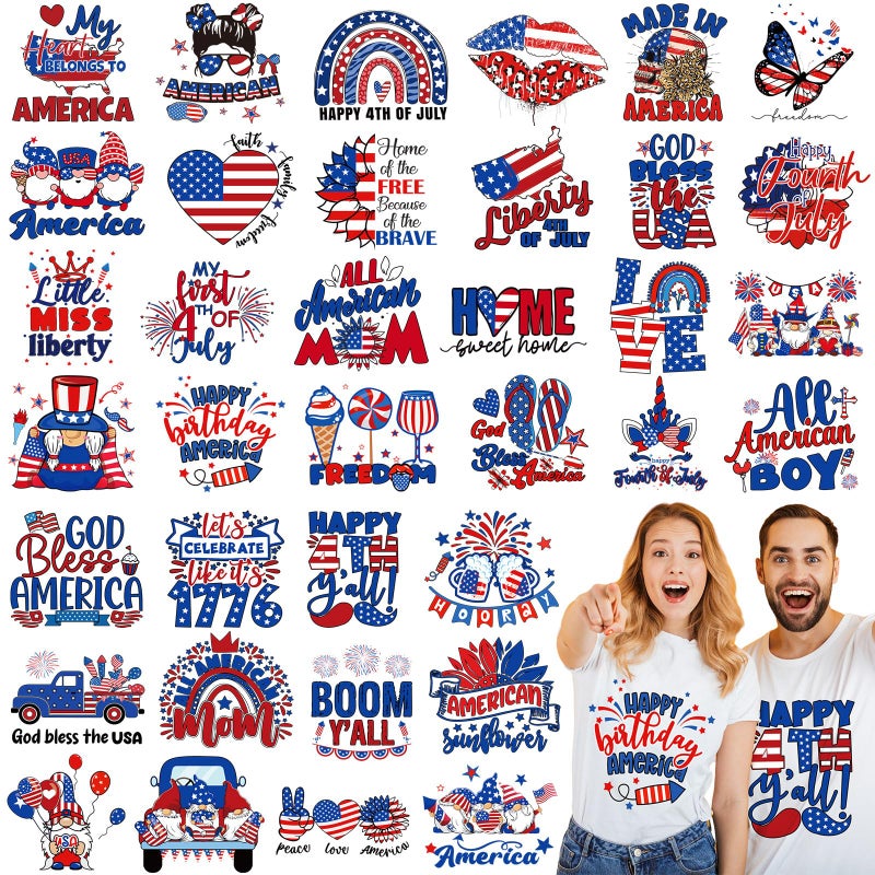 Tellingyou 36 Sheets 4th of July Iron on Transfers Patches Dtf Ready to Press 250th Anniversary Vinyl Iron on Patch Patriotic Embroidered Applique for T Shirt Jacket Pillow Covers DIY Decorations - Image 1