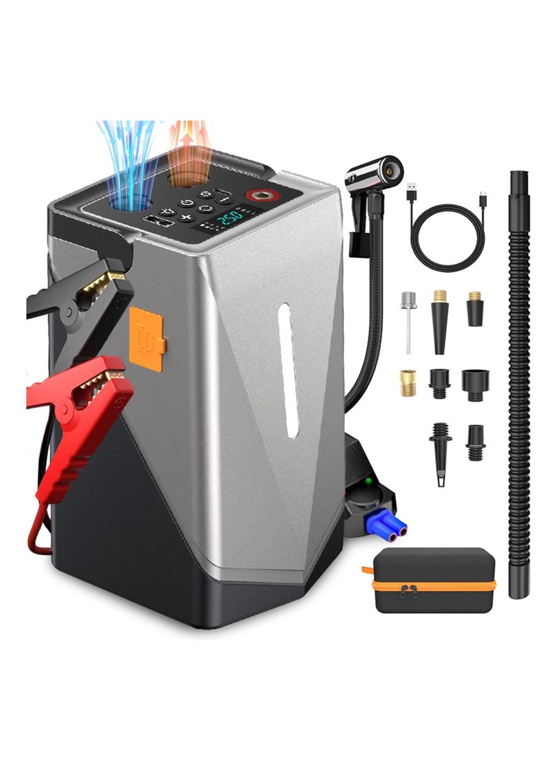 Jump Starter Power Pack, 3000A Car Battery Booster Jump Starter, 12V Portable car starter power pack with air compressor, 25000mAh USB Charge, LED light for up to 10L Gas, 8L Diesel Engines - Image 1