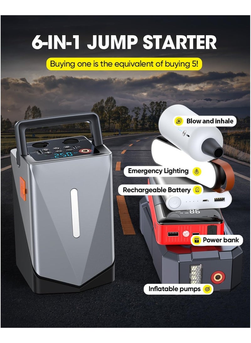 Jump Starter Power Pack, 3000A Car Battery Booster Jump Starter, 12V Portable car starter power pack with air compressor, 25000mAh USB Charge, LED light for up to 10L Gas, 8L Diesel Engines - Image 2