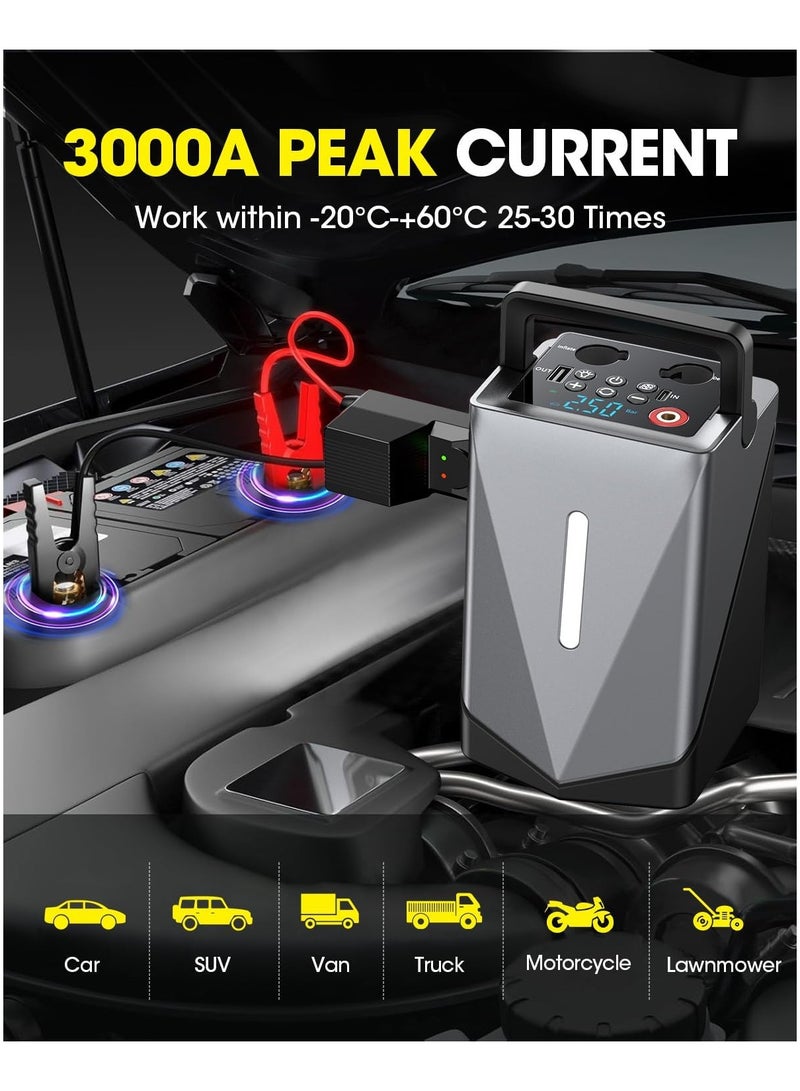 Jump Starter Power Pack, 3000A Car Battery Booster Jump Starter, 12V Portable car starter power pack with air compressor, 25000mAh USB Charge, LED light for up to 10L Gas, 8L Diesel Engines - Image 3