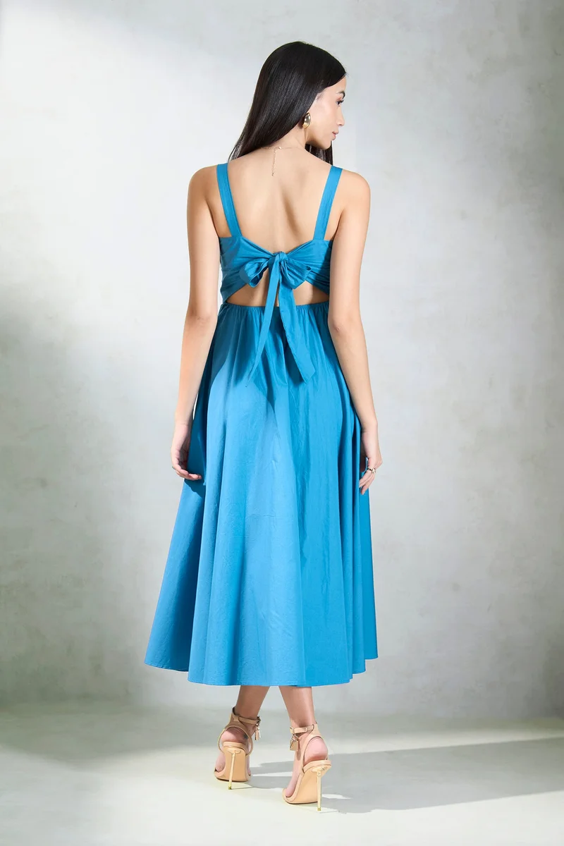 Virgio  Solid Cotton Back Tie-Up Midi Dress for Women for Women | Best Price UAE