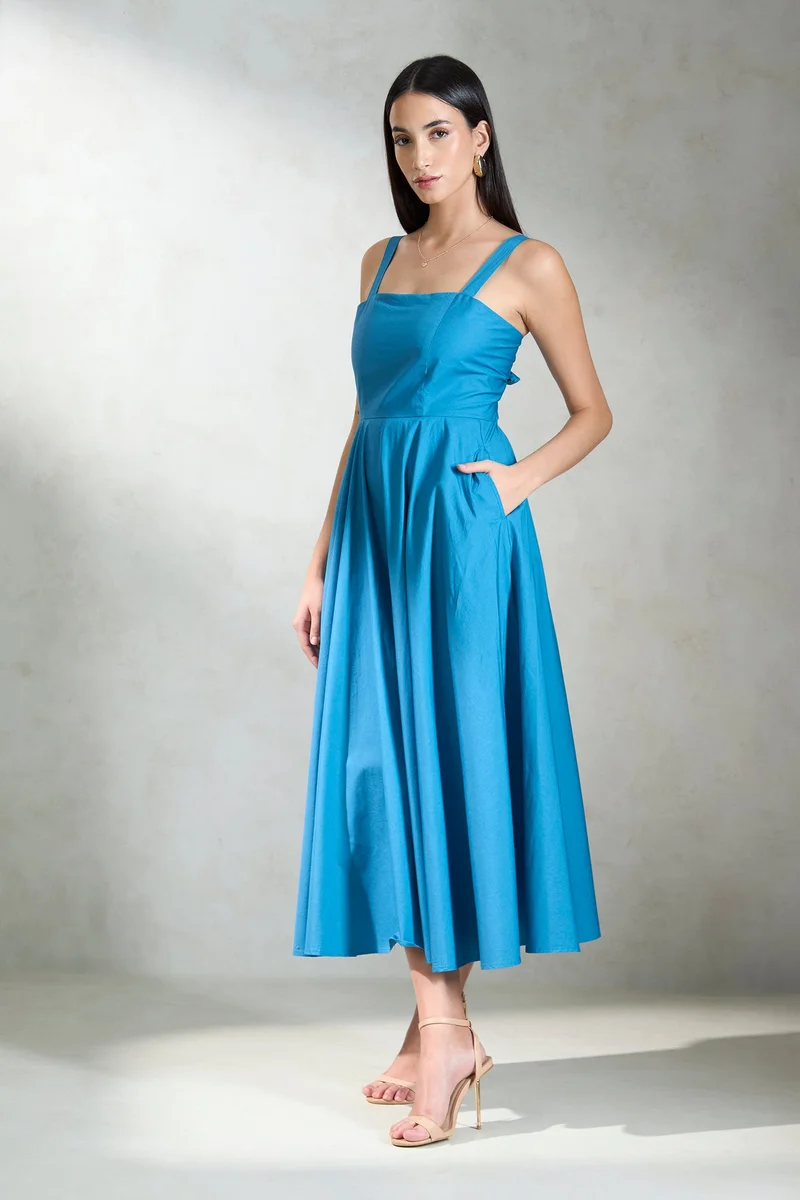 Virgio  Solid Cotton Back Tie-Up Midi Dress for Women for Women | Best Price UAE
