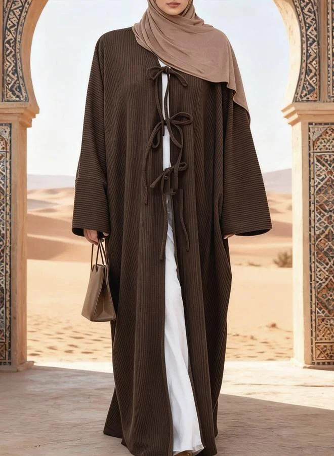 Take Two Coffee Brown Ribbed Open Abaya with Tie Details