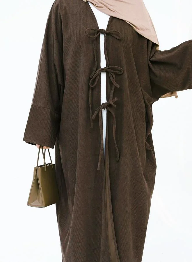 Take Two Coffee Brown Ribbed Open Abaya with Tie Details