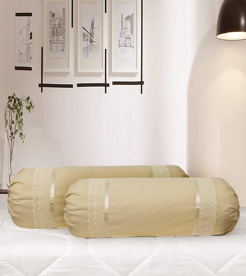 DECOBASKET DECOBASKET Bolster Cover with Lace Pattern 100% Cotton Soft 200TC Fabric. (Pack of 02) (Cream) - Image 5