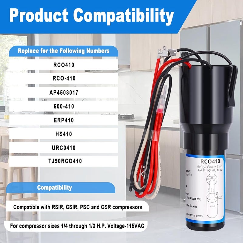 Ketofa RCO410 3-in-1 Hard Start Capacitor Kit, Compatible for Compatible with Refrigerators & Freezers, 1/4-1/3 H.P. 115VAC (1 pcs) - Image 3