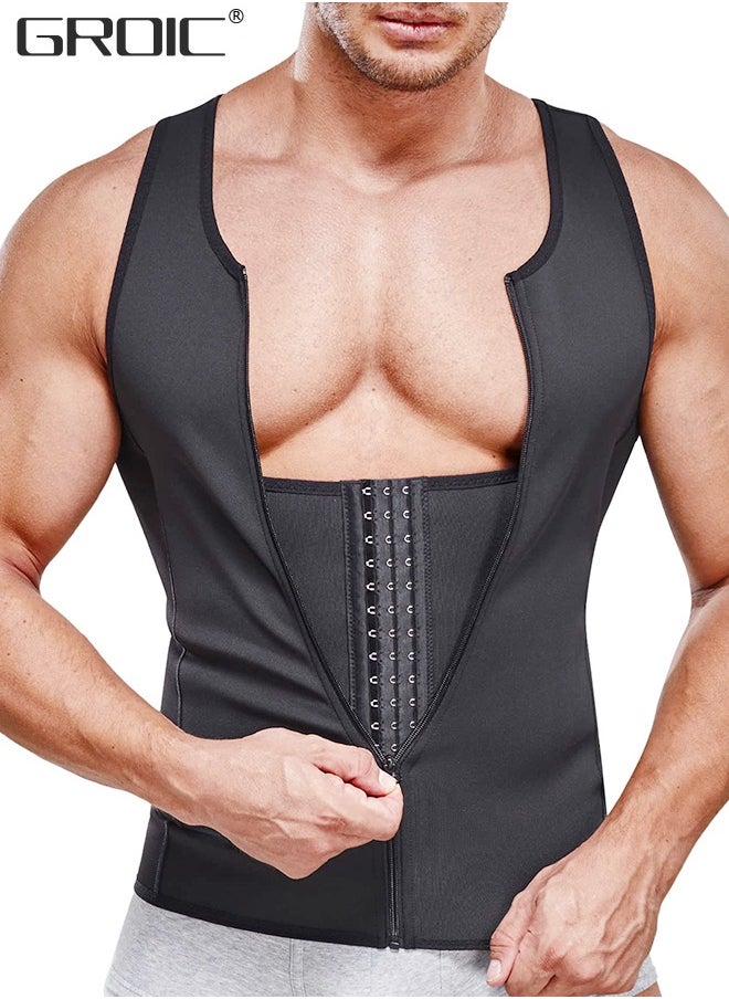 GROIC Men's Waist Trainer Sauna Vest Waist Trainer Zipper Neoprene Sauna Suit Tank Top, Weight Loss Body Shaper Sweat Vest  with 3 Rows of Hooks and Zipper, Sauna Workout Trainer Vest, XL  - Image 1
