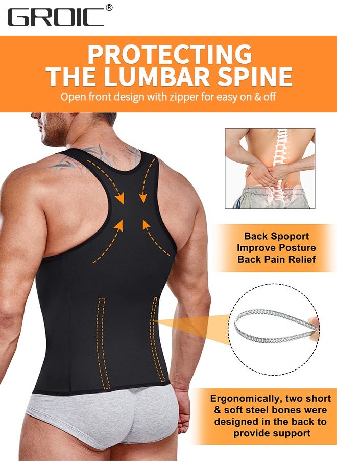 GROIC Men's Waist Trainer Sauna Vest Waist Trainer Zipper Neoprene Sauna Suit Tank Top, Weight Loss Body Shaper Sweat Vest  with 3 Rows of Hooks and Zipper, Sauna Workout Trainer Vest, XL  - Image 3