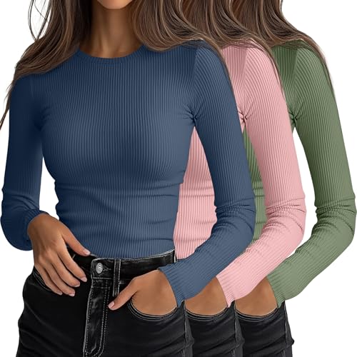 Ficerd 3 Pack Womens Ribbed Long Sleeve Tops Crew Neck Slim Fit Knit Undershirts Basic Casual Stretch Layering Tee ShirtsHaze Blue Light Pink Matcha GreenSmall - Image 1