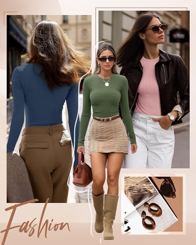 Ficerd 3 Pack Womens Ribbed Long Sleeve Tops Crew Neck Slim Fit Knit Undershirts Basic Casual Stretch Layering Tee ShirtsHaze Blue Light Pink Matcha GreenSmall - Image 3